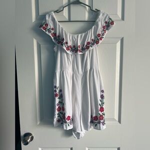 American Eagle Outfitters White Romper with Red and Purple Floral Embroidery